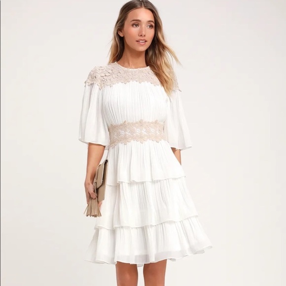 Lulus Dresses & Skirts - Lulus Westwind Pleated White and Beige Lace Accent Dress size large